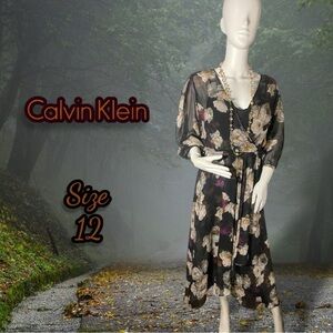 Calvin Klein Women's Floral Print High Low Dress Size 12 Sheer Black Purple